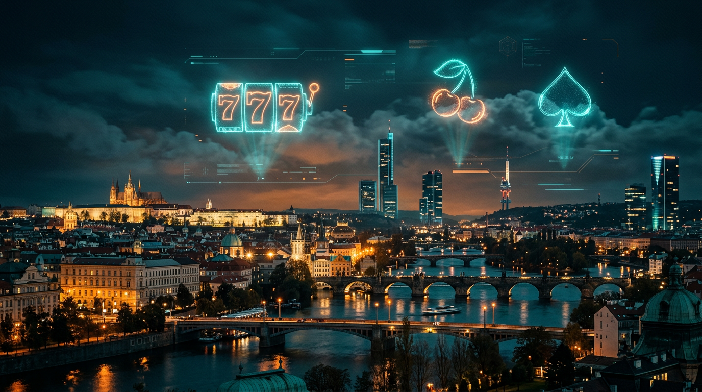 Futuristická vize online casina v Praze v roce 2026 s neonovými symboly